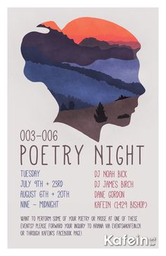 a poster for poetry night with mountains and trees in the backgroung area