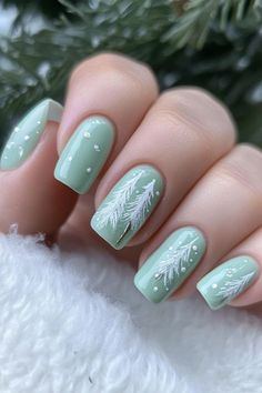 Light Color Christmas Nails, Sage Christmas Nails, Green Christmas Manicure, Christmas Tree Nails Acrylic, Christmas Nails White And Green, White Christmas Tree Nails, Winter Tree Nail Art, Mint Green Christmas Nails, Mint Christmas Nails