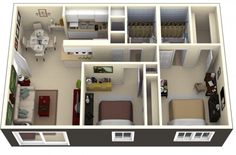 the floor plan of a two bedroom apartment with an attached kitchen and living room area