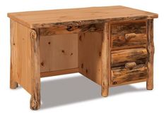 a wooden desk with two drawers on each side and one drawer at the top that is made out of logs