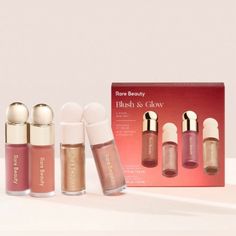 Limited Edition: Blush And Glow On The Go With Minis Of Our Bestselling Soft Pinch Blush In Wisdom (Set-Exclusive Mauve Plum) And Virtue (Soft Terracotta), And Positive Light Luminizer In Magnetize (Set-Exclusive Light Gold) And Transcend (Rose Gold). Set Includes: Mini Soft Pinch Liquid Blush In Wisdom 0.11 Fl. Oz.| 3.2 Ml Mini Positive Light Liquid Luminizer In Magnetize 0.09 Fl. Oz. | 2.5 Ml Mini Soft Pinch Liquid Blush In Virtue 0.11 Fl. Oz.| 3.2 Ml Mini Positive Light Liquid Luminizer In Tr Rare Beauty Blush Ulta, Rare Beauty Makeup Palette, Rare Beauty Happy Sol Bronzer, Positive Light Liquid Luminizer, Liquid Luminizer, Soft Pinch Liquid Blush, Rare Beauty By Selena Gomez, Beauty Marketing, Liquid Blush