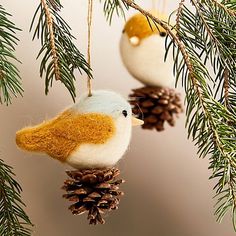 two ornaments hanging from a tree with pine cones and needles in the shape of birds