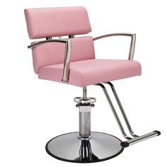 a pink chair sitting on top of a metal base with chrome trimmings and arms