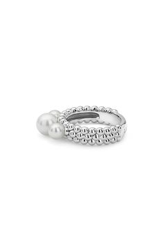 Three freshwater cultured pearls complement the bubbly beaded texture of this graceful, modern silver band. Style Name:Lagos Luna Pearl Caviar Band Ring. Style Number: 6034096. Freshwater Cultured Pearls, Ring Style, Pearl Size, Silver Pearls, Cultured Pearls, Silver Band, Band Ring, Band Rings, Gemstone Rings