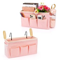 two pink storage bins with compartments and handles on each side, one has flowers in it