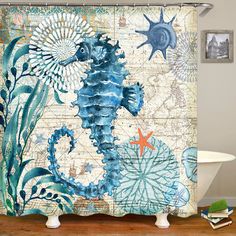 a shower curtain with seahorse and starfish on it