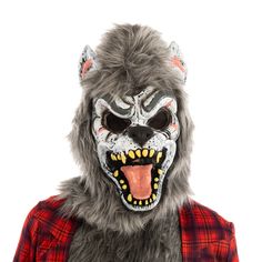 a man wearing a wolf mask with his mouth open