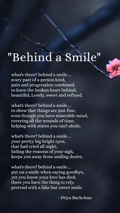 a pink flower sitting on top of a tree branch next to a poem about being a smile