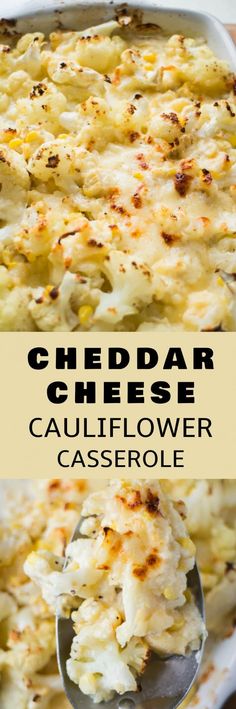 cheddar cheese cauliflower casserole in a white dish with a spoon