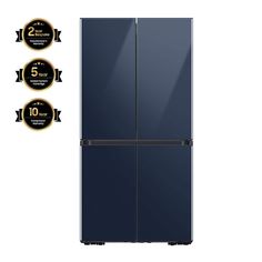 the refrigerator is blue and has three black labels on it that read, best price