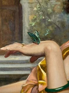 a painting of a woman with a butterfly on her arm