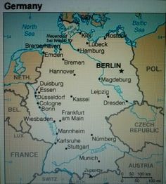 a map of germany with all the major cities and towns on it's side