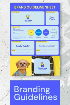 a blue and yellow brochure with an image of a dog on the front