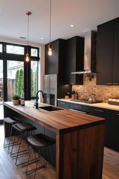 modern luxury Scandinavian kitchen, butcher block countertop1 Interior Vintage, Modern Kitchen Interiors, Kitchen Design Open, Scandinavian Kitchen, Simple Kitchen, Trendy Kitchen, Kitchen Style