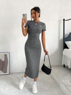 Letter Embroidery Ruched Bodycon Dress Grey Casual  Short Sleeve Knitted Fabric Letter Bodycon High Stretch  Women Clothing, size features are:Bust: ,Length: ,Sleeve Length: Casual Gray Midi Bodycon Dress, Gray Fitted Crew Neck Dress, Gray Fitted Dress With Crew Neck, Grey Bodycon Dress Outfit, Sporty Dress Outfit, Grey Dress Outfit, Pencil Dress Outfit, Sneakers Outfit Casual, Gymwear Outfits