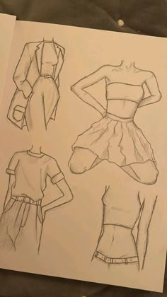 three different types of dresses are shown in this drawing book, and one is drawn on paper