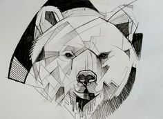 a black and white drawing of a bear's head with geometric shapes on it