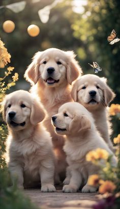 four puppies are sitting in the middle of flowers