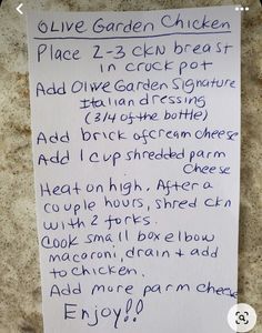 a piece of paper with writing on it that says olive garden chicken place 2 - 3cm breast