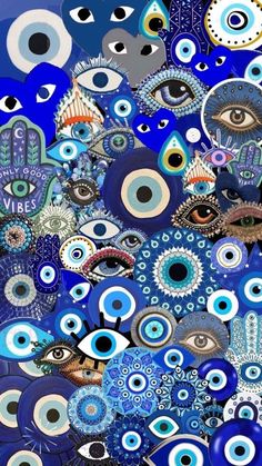 an artistic painting with many blue and white eyes, all in different shapes and sizes