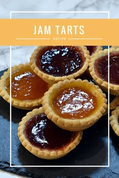 jam tarts sitting on top of a blue plate with the words jam tarts below it