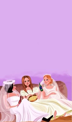 three brides sitting on a couch with one holding a bottle and the other wearing a dress