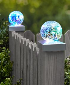 two glass globes sitting on top of a wooden fence next to bushes and trees