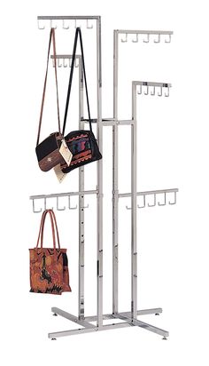 a metal rack with two purses hanging from it's sides and three bags on the other side