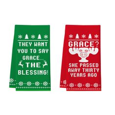 two towels with ugly sayings on them, one says grace and the other says peace