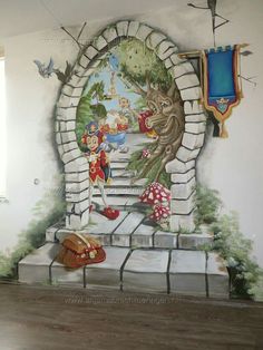 a mural on the side of a wall depicting children's shoes and cartoon characters