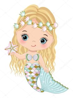 a little mermaid with long blonde hair holding a starfish