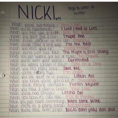 a note with writing on it that says nicki