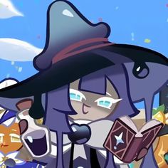 an animated image of a woman in a witches hat holding a book and looking at the camera