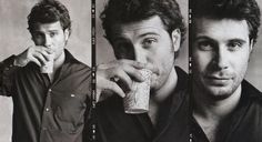 four different shots of a man drinking from a paper cup and looking at the camera