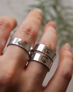 These rings are 100% aluminum & hypoallergenic so it's resistant to tarnishing, turning your skin green, or rust! They are adjustable! I will do a general sizing of the ring, & you can adjust it for the perfect fit. The black ink is not permanent & will come off over time, however you can fill it in with a black sharpie or marker & wipe it off. It'll be good as new! Each ring is hand stamped by me & made to order!! These are the perfect personalized gift :) choose either sun, moon, or star in th Adjustable Celestial Rings For Everyday Wear, Celestial Everyday Adjustable Rings, Everyday Adjustable Celestial Rings, Adjustable Stainless Steel Midi Rings, Adjustable Celestial Midi Rings, Adjustable Hypoallergenic Metal Ring, Sun And Moon Design Adjustable Promise Rings, Adjustable Nickel-free Symbolic Midi Rings, Adjustable Symbolic Nickel-free Midi Rings