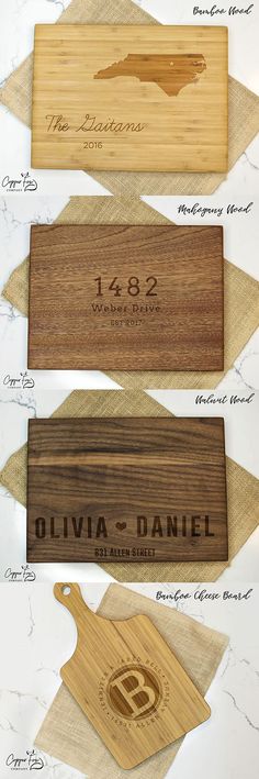 four wooden cutting boards with different designs on them