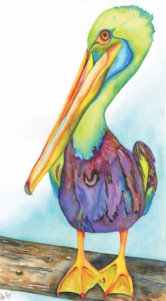 a watercolor painting of a pelican sitting on a wooden plank with its beak open