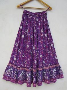 "ITEM DESCRIPTION purple floral printed rayon long maxi skirts - picnic wear summer women maxi skirts Material: 100% rayon crepe soft crinkled fabric Length: - 38 inch long Waist :-28.00 inch full (14 inch half) 28 inch relaxed can stretch up to 50 inch Size: free size (fit to all) PRODUCT NAME: - Long Women Maxi skirts Ladies Vintage Long skirts Company Return Policy: Please write for more information to my email directly CHOOSE \"ASK SELLER QUESTION \" payment policy:- we accepts payment throu Purple Long Skirt, Flower Long Skirt, Outfits Bonitos, Crinkled Fabric, Womens Maxi Skirts, Festive Wear, Long Maxi Skirts, Boho Skirts, Long Skirts