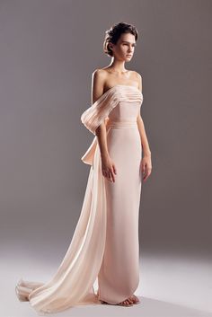 Back bow one shoulder crepe dress - HerTrove Mr Design, Dress With Bow Tie, Blush Gown, Mother Of Groom Dresses, Dresses Chiffon, Pink Gowns, Engagement Dresses, Column Dress, Glam Dresses