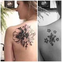 three different tattoos on the back of women's shoulder and upper half of their body