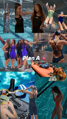 the collage shows women in swimsuits and swimming equipment