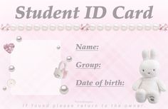 an id card with a white teddy bear and pearls on the bottom, in front of a pink background