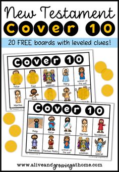 the new testament cover 10 board game is shown in yellow and black with an image of jesus