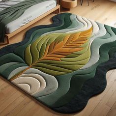 an area rug with leaves on it in a bedroom