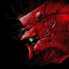 a red demon with green eyes and sharp fangs on it's face, in the dark