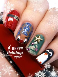 Christmas Manicure: Santa's Suit, Reindeer, Christmas Tree & A Penguin Christmas Nails Penguin, Nails Penguin, Penguin Nail Art, Penguin Nails, Fingernail Art, Reindeer Christmas Tree, Santa Nails, Image Nails, Holiday Nails Christmas