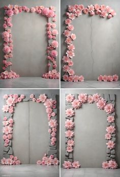 four different pictures of pink flowers arranged in the shape of an arch with stone walls