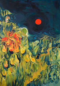 an abstract painting with oranges and green leaves in the foreground, against a dark background