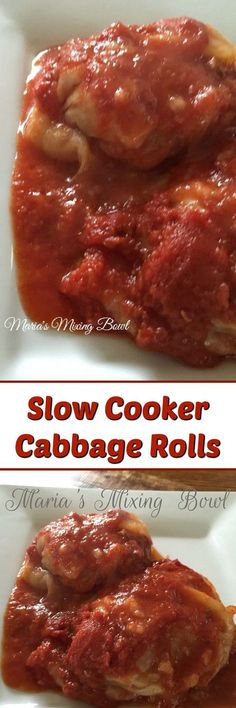 slow cooker cabbage rolls recipe on a white plate with red sauce and text overlay that says slow cooker cabbage rolls