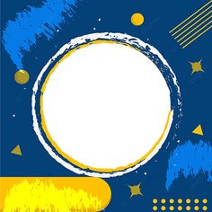 a blue and yellow abstract background with a white circle in the center surrounded by stars